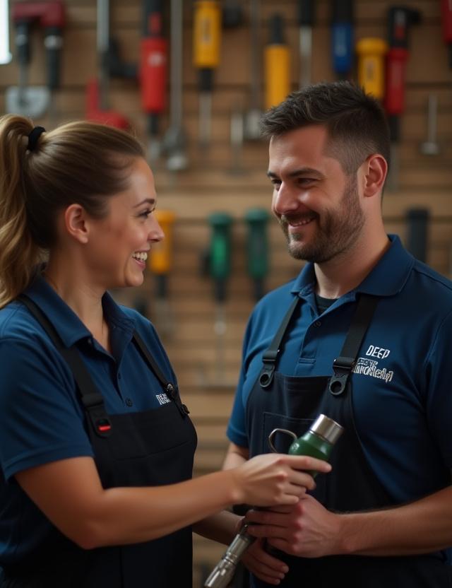 Seorang kakitangan The Deep Workshop sedang memberi nasihat kepada pelanggan mengenai pilihan gerudi.